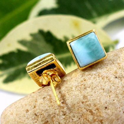 Dominican Larimar Earring,gold Plated Stud..