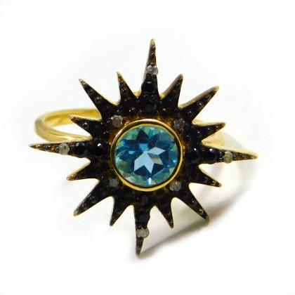 Solitaire Designer Ring,two Tone Swiss Blue Topaz..