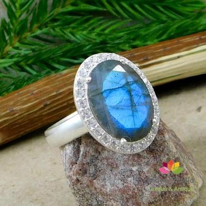 Faceted Labradorite Cz Halo Ring,engagement..