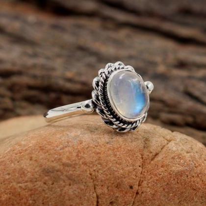 Natural Moonstone Handmade Oxidized Ring Solid 925..