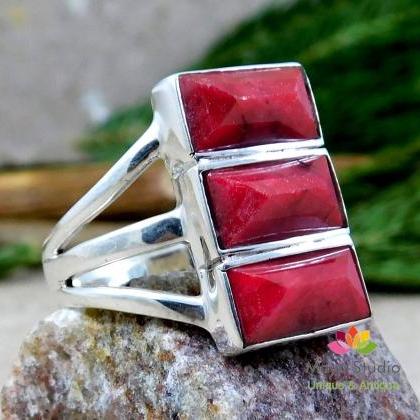 Three Stones Statement Ruby Silver Ring,cocktail..