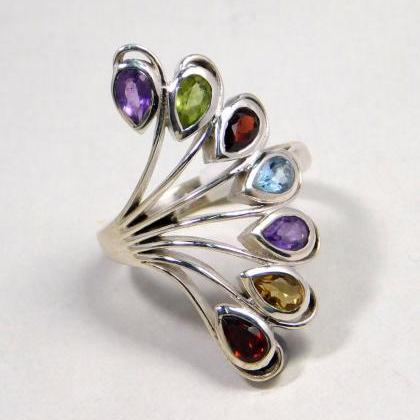 Genuine Gemstones Ring Of Seven Colorful Gems 925..