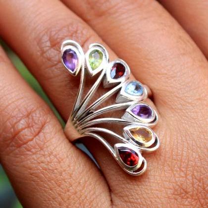 Genuine Gemstones Ring Of Seven Colorful Gems 925..