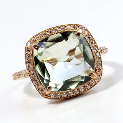 Green Amethyst Ring, Prasiolite Rose Gold Stone..