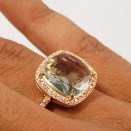 Green Amethyst Ring, Prasiolite Rose Gold Stone..