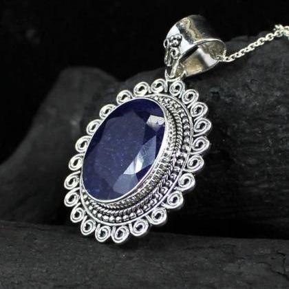 Vintage Blue Sapphire Necklace, Solid 925 Silver..