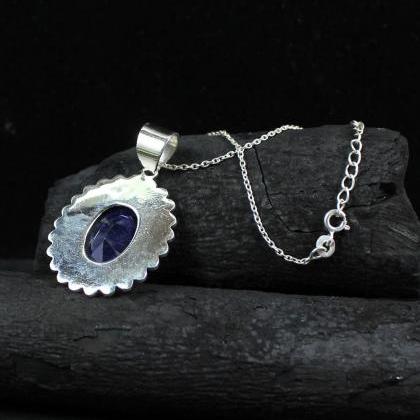Vintage Blue Sapphire Necklace, Solid 925 Silver..