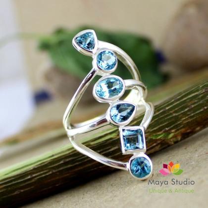 Cocktail Swiss Blue Topaz Multistone Ring,solid..