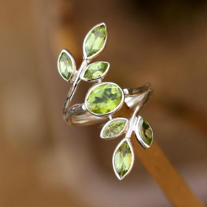 Green Peridot Leaf Ring,floral ,cocktail Ring,925..