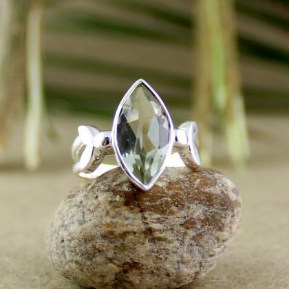 Solitaire Ring,green Amethyst Faceted Marquise..