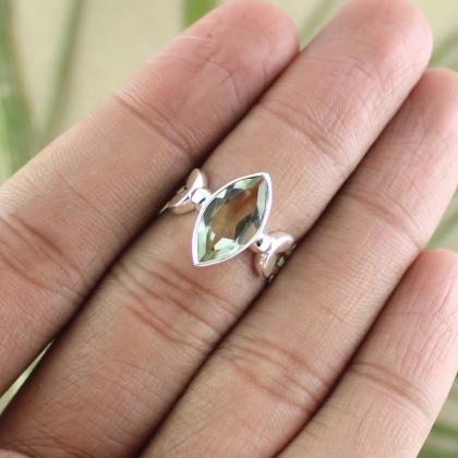 Solitaire Ring,green Amethyst Faceted Marquise..