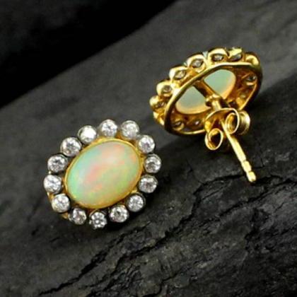 Gorgeous Opal Stud Earrings,cz Halo..