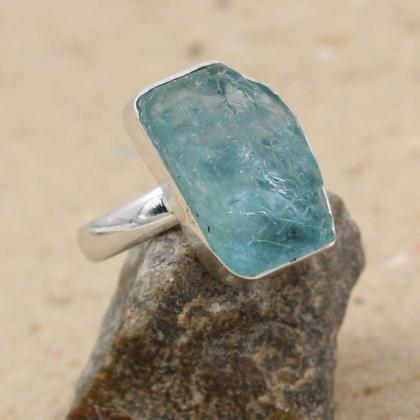 Natural Rough Aquamarine Unique Ring,raw Stone..