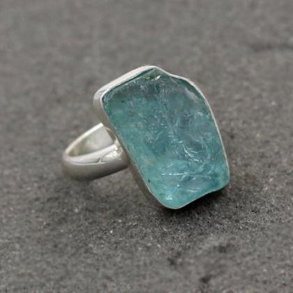 Natural Rough Aquamarine Unique Ring,raw Stone..