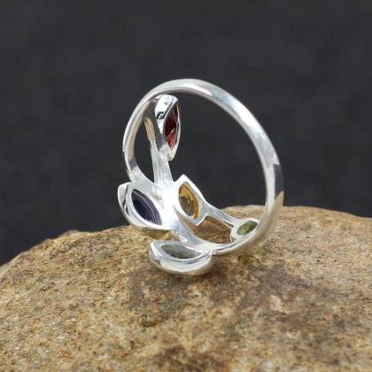 Genuine Gemstone Leaves Band Ring,multi-color..