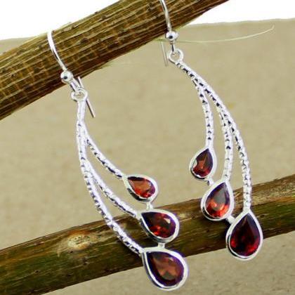 Exiting Red Garnet Earring,925 Solid Sterling..