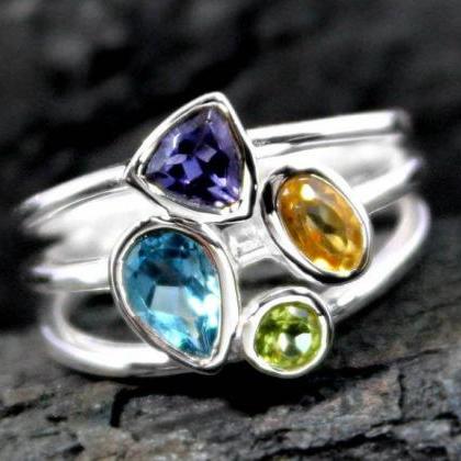 Lovely Vibrant Gemstones Ring,citrine Iolite..