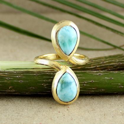 Lovely Larimar Ring,two Pear Front Open Ring,up..