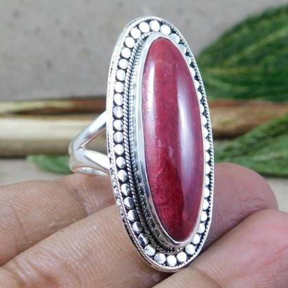 Long Oval Cabochon Ruby Ring Traditional Oxidized..