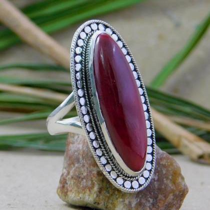 Long Oval Cabochon Ruby Ring Traditional Oxidized..