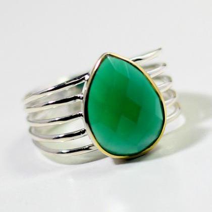Green Onyx Ring,two Tone Ring Designer..