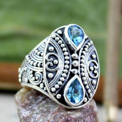 Blue Topaz Ring,fine Bali Ring,925 Sterling Silver..