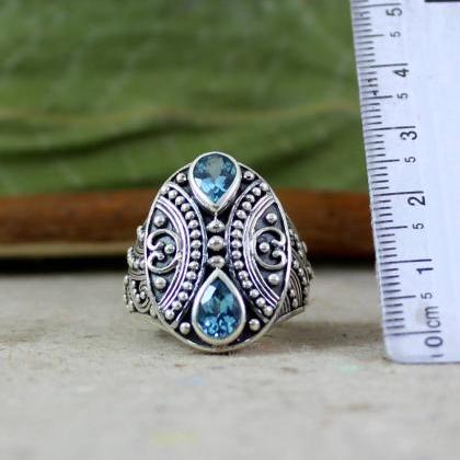 Blue Topaz Ring,fine Bali Ring,925 Sterling Silver..