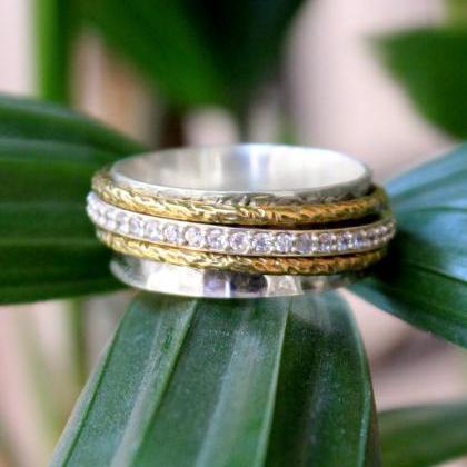 Women Spinner Ring,texture Silver Band,cz..