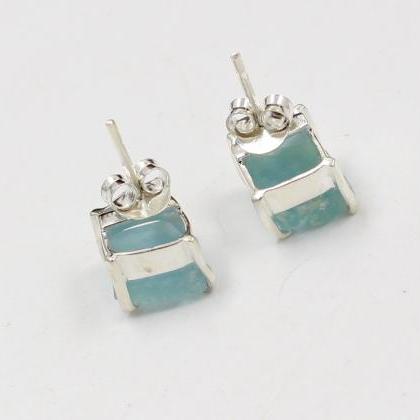 Rough Aquamarine Stud Post Earrings,solid 925..