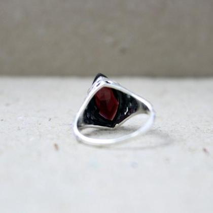 Natural Red Garnet Ring,filigree,oxidized..