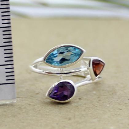 Stylish Genuine Gemstone Ring,amethyst,garnet,blue..