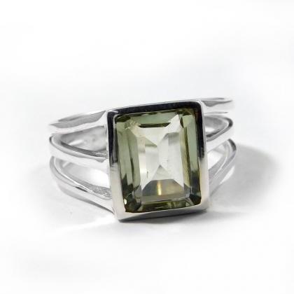 Green Amethyst Ring,faceted Baguette,modern..