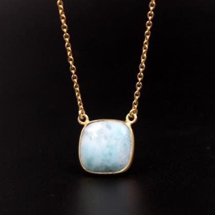 Natural Dominican Larimar Chain Necklace, Cushion..