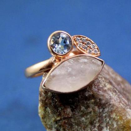 Stunning Spring Ring,rough Rose Quartz Blue Topaz..