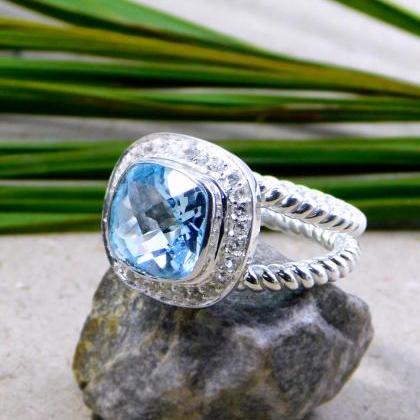 Brilliant Sparkling Ring,blue Topaz Cz Halo Ring..