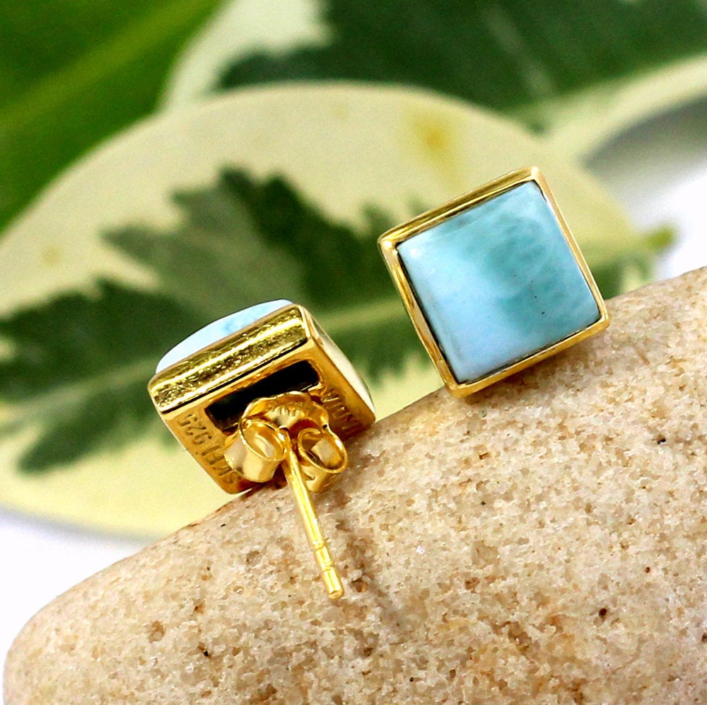 Dominican Larimar Earring,gold Plated Stud Post,925 Sterling Silver Handmade Jewelry,gift For Friend,birthday Gift,baby Shower Gifteter1017
