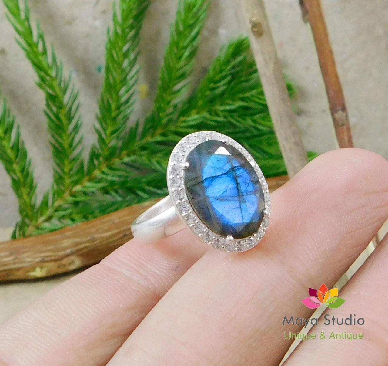 Faceted Labradorite Cz Halo Ring,engagement Ring,anniversary Present,wedding Gift,solid 925 Sterling Silver Jewelry,thanksgiving Gift Ring