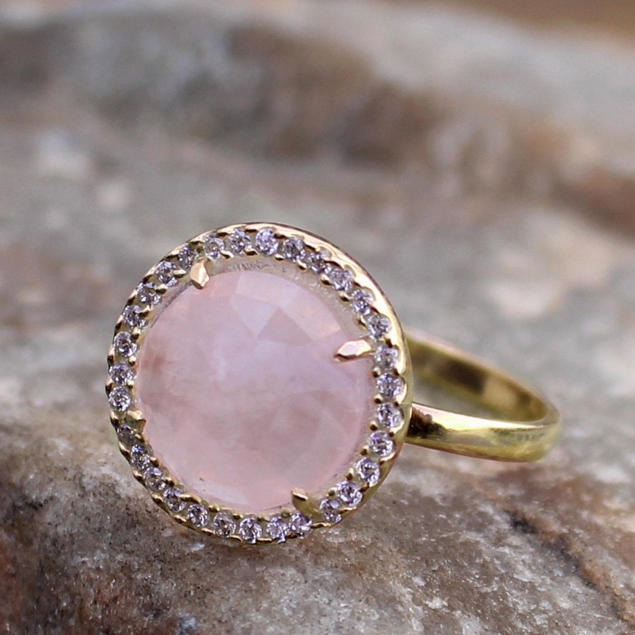 Gorgeous Ring,rose Quartz Halo Ring,anniversary Gift,solid 925 Sterling Gold Plated Jewelry,engagement Ring,wedding Jewelry,birthday Gift