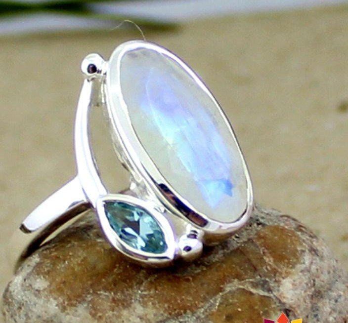 Anniversary Moonstone Ring,splendid Blue Topaz And Rainbow Ring,baby Shower Gift,birthstone Ring,contemporary Sterling Silver,proposal Ring