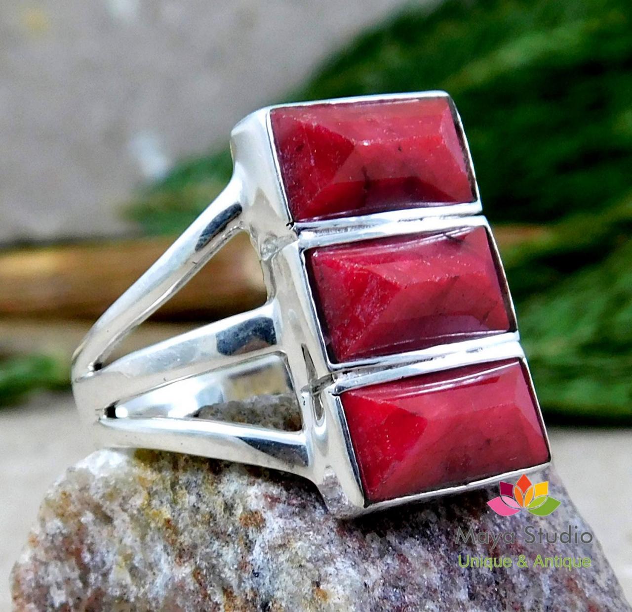 Three Stones Statement Ruby Silver Ring,cocktail Party Ring,solid 925 Sterling Silver Jewelry,anniversary Gift,valentine Ring Christmas Gift