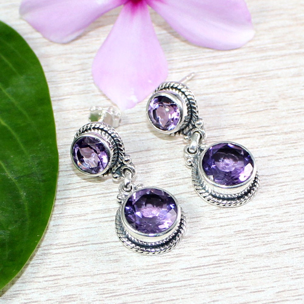 Clan Sparkling Purple Amethyst Earring,two Stone Post Dangler Handmade 925 Sterling Silver Wedding Jewelry,party Earring Anniversary Gift,