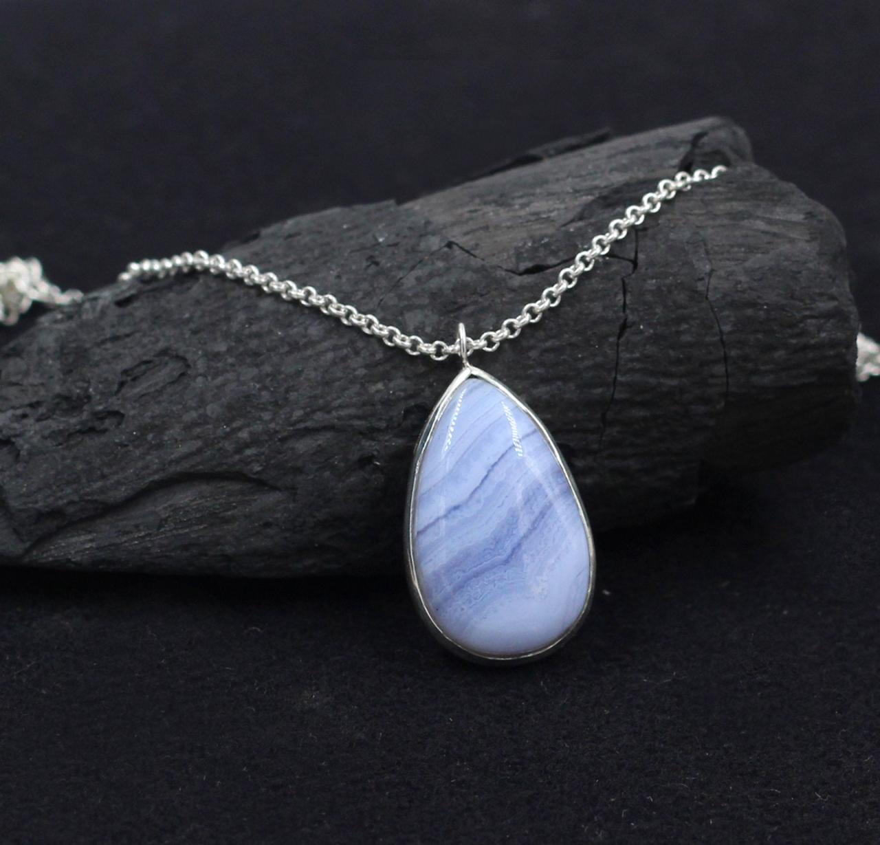 Genuine Blue Lace Agate Necklace,solid 925 Sterling Silver Handmade Jewelry,christmas Gift,anniversary Present,chain Pendant Necklace Gift