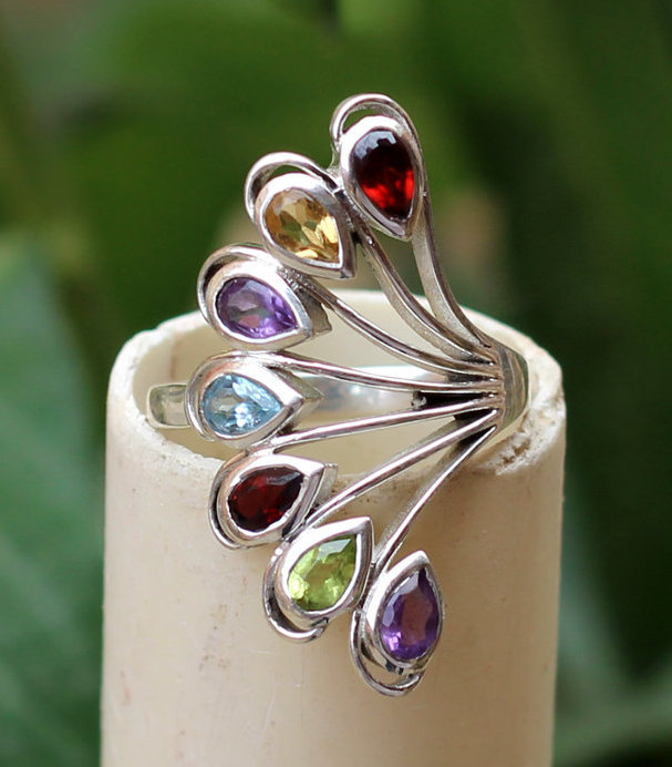 Genuine Gemstones Ring Of Seven Colorful Gems 925 Sterling Silver Party Wear Jewelry,gift For Girl Friend,anniversary Ring,wedding Jewelry,