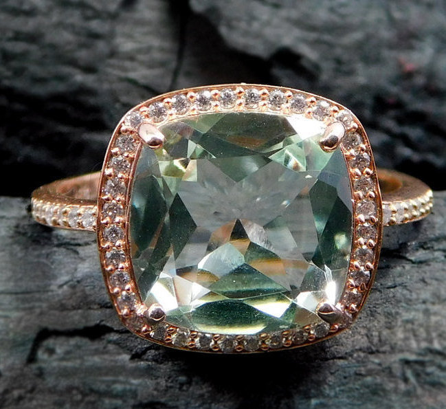 Green Amethyst Ring, Prasiolite Rose Gold Stone Ring, Silver Ring,cushion Green Amethyst Ring,cz Round Shape Ring,big Royal Ring Mr1102