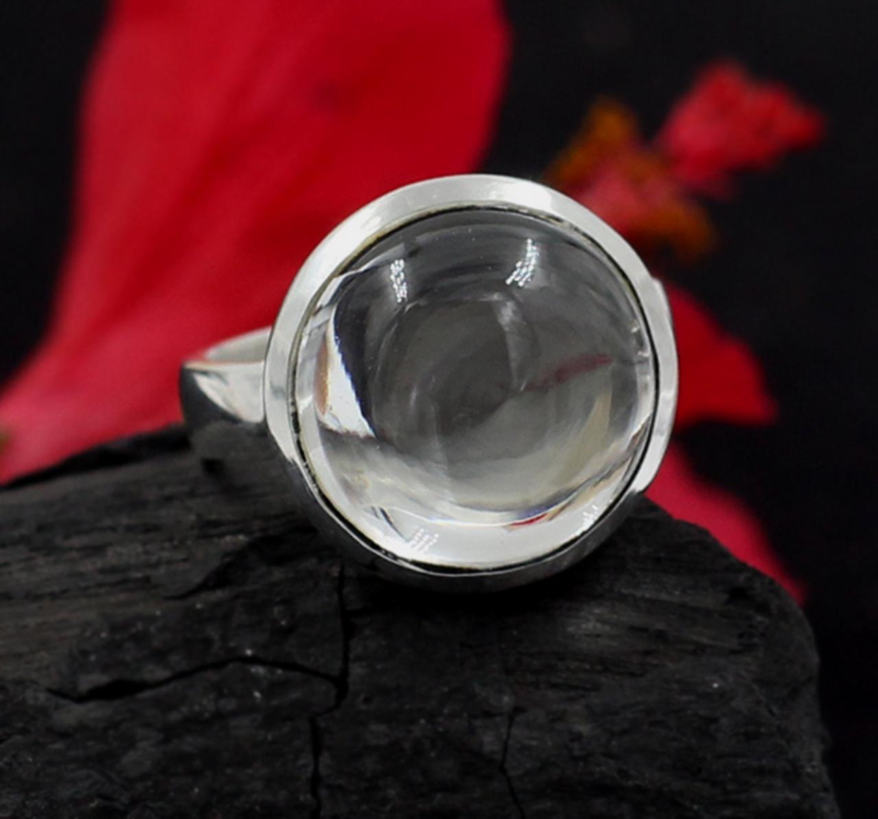 Healing Crystal Quartz Ring,9 Mm Cabochon Ring,solid 925 Sterling Silver Jewelry,anniversary Ring,birthday Gift,clear Quartz,all Time Wear