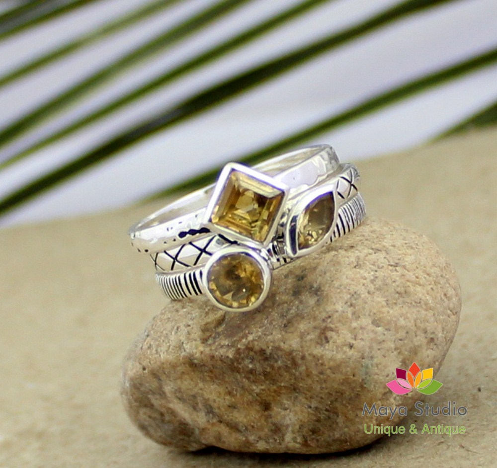 Novel Set Of Three Stacking Ring Of Natural Citrine,anniversary Gift,birthday Present,925 Sterling Silver Oxidized Jewelry,set Of Three Ring