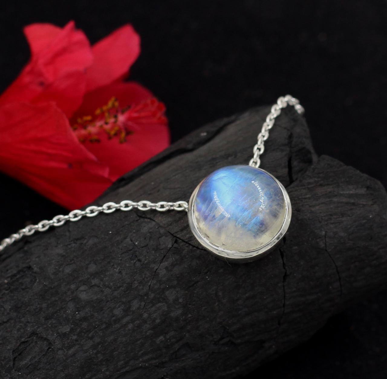 Luscious Rich Rainbow Fire Cabochon 15 Mm Moonstone Necklace,solid 925 Sterling Silver Jewelry,birthday Gift,anniversary Present,gift Mother