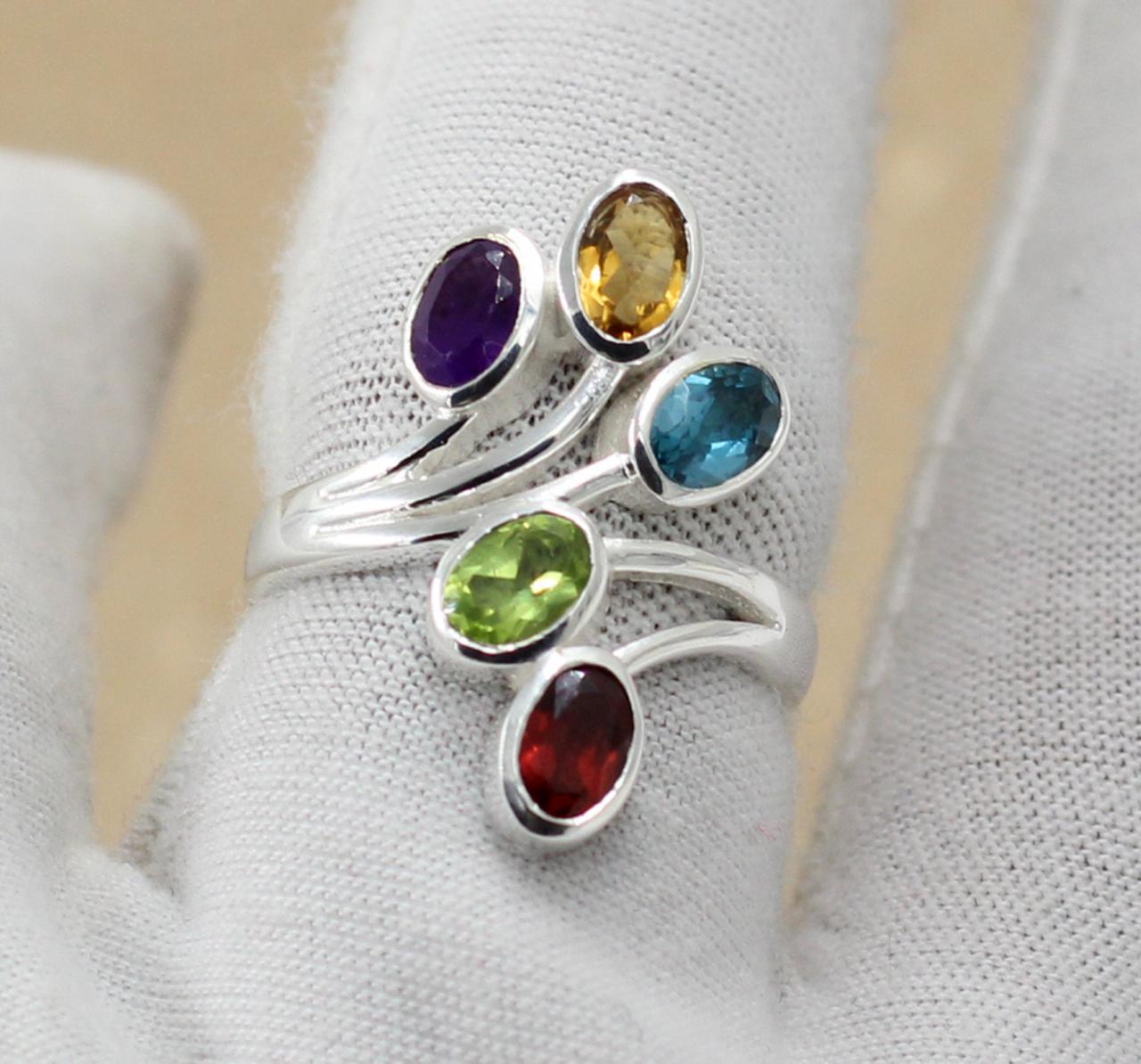Multi Color Five Genuine Gemstones Cocktail Ring,solid 925 Sterling Silver Jewelry,anniversary Gift Ring,bride's Maid Gift,party Wear