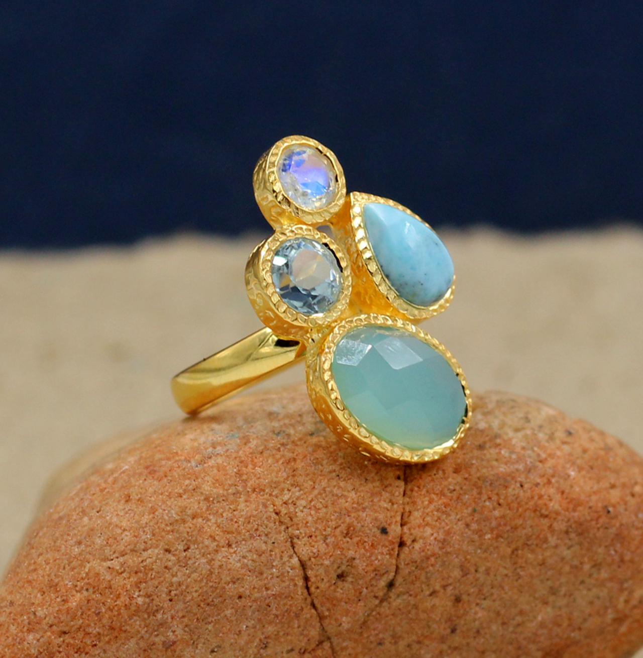 Exquisite Cocktail Gemstones Ring,solid 925 Sterling Silver Jewelry,thanksgiving Gift,anniversary Ring,larimar,chalcedony Blue Topaz Ring