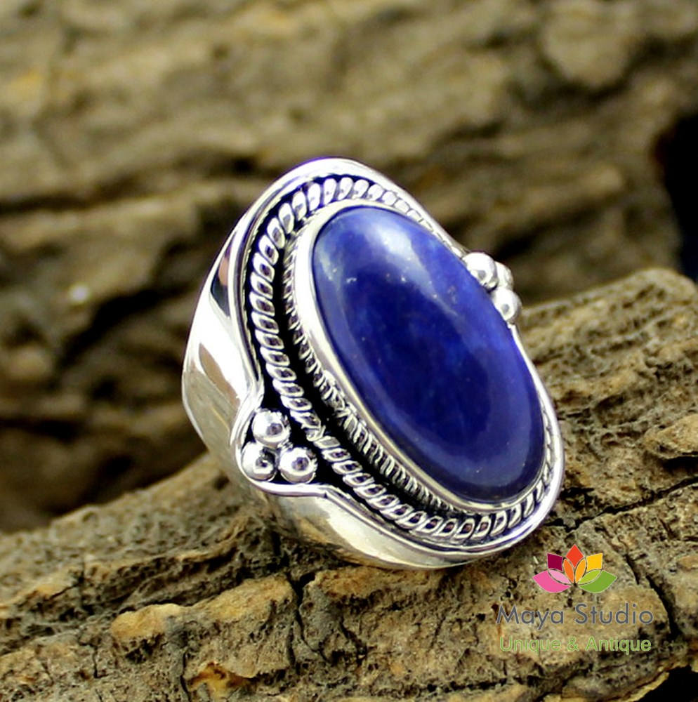 Vintage Look Gorgeous Lapis Lazuli Ring,925 Sterling Silver Oxidized Handmade Jewelry,anniversary Gift,broad Band Unisex Thanks Giving Gift,